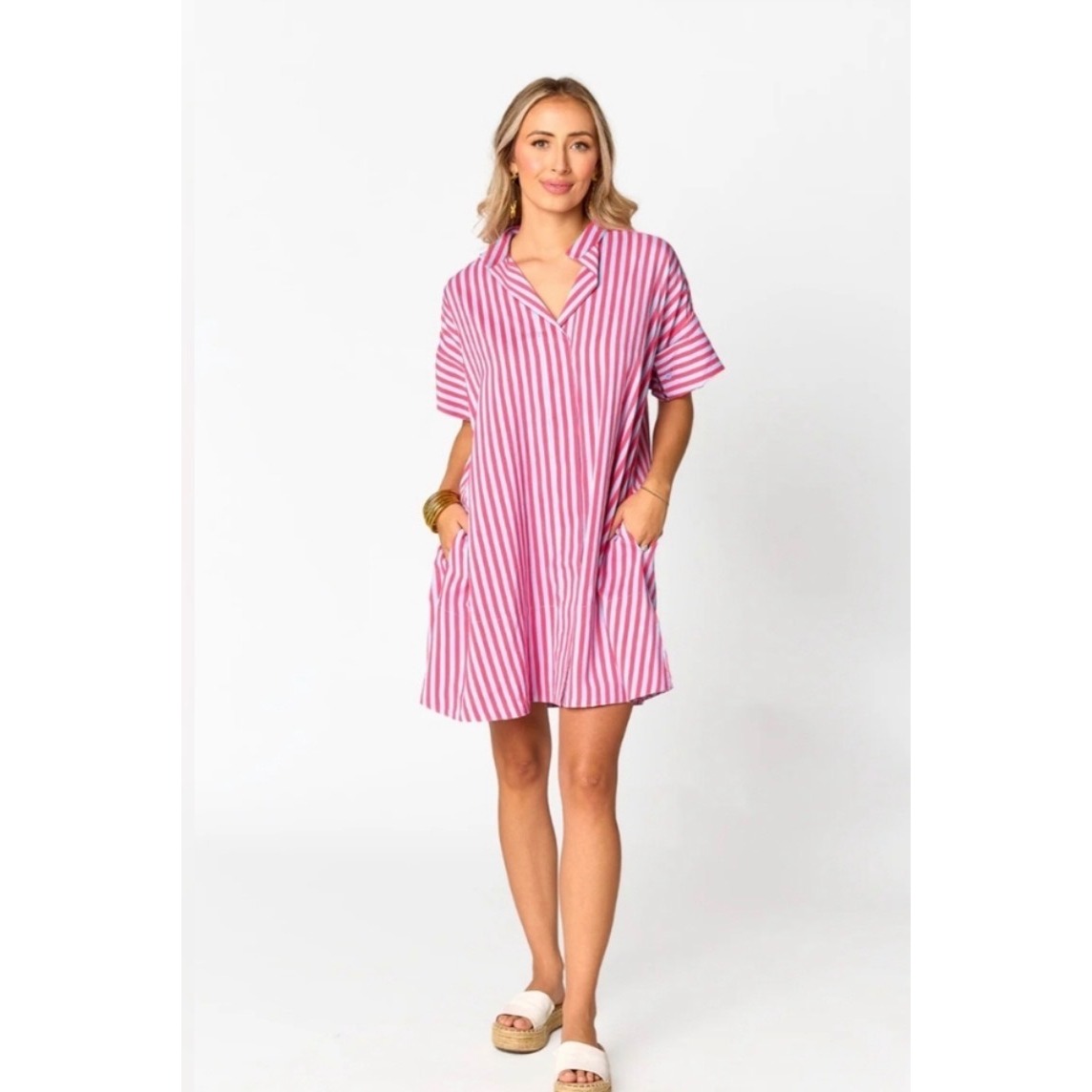 Nwt Buddy Love Stevie Mini Shirt Dress Bubble Gum Pink Striped Size Small